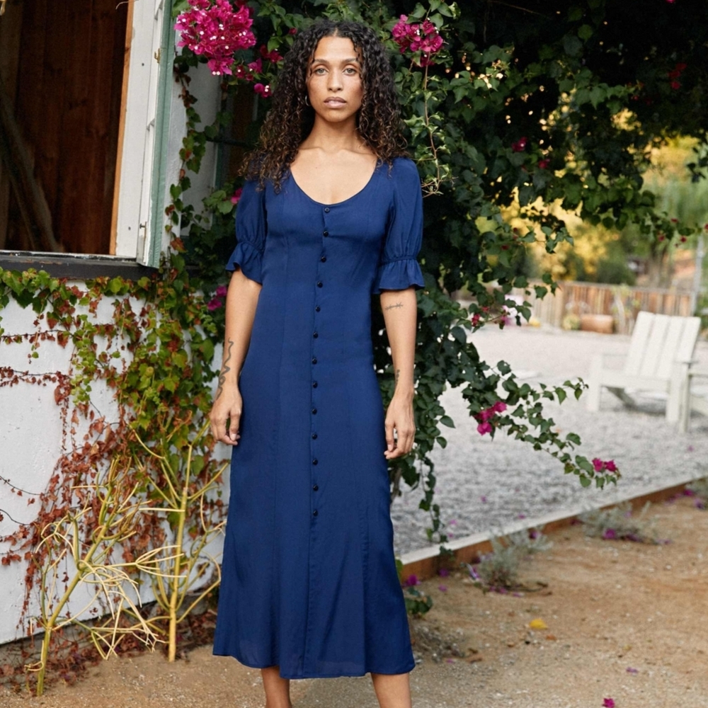 Christy Dawn Lennon Dress XS Navy Blue Midnight Puff Sleeve Midi Romantic Boho